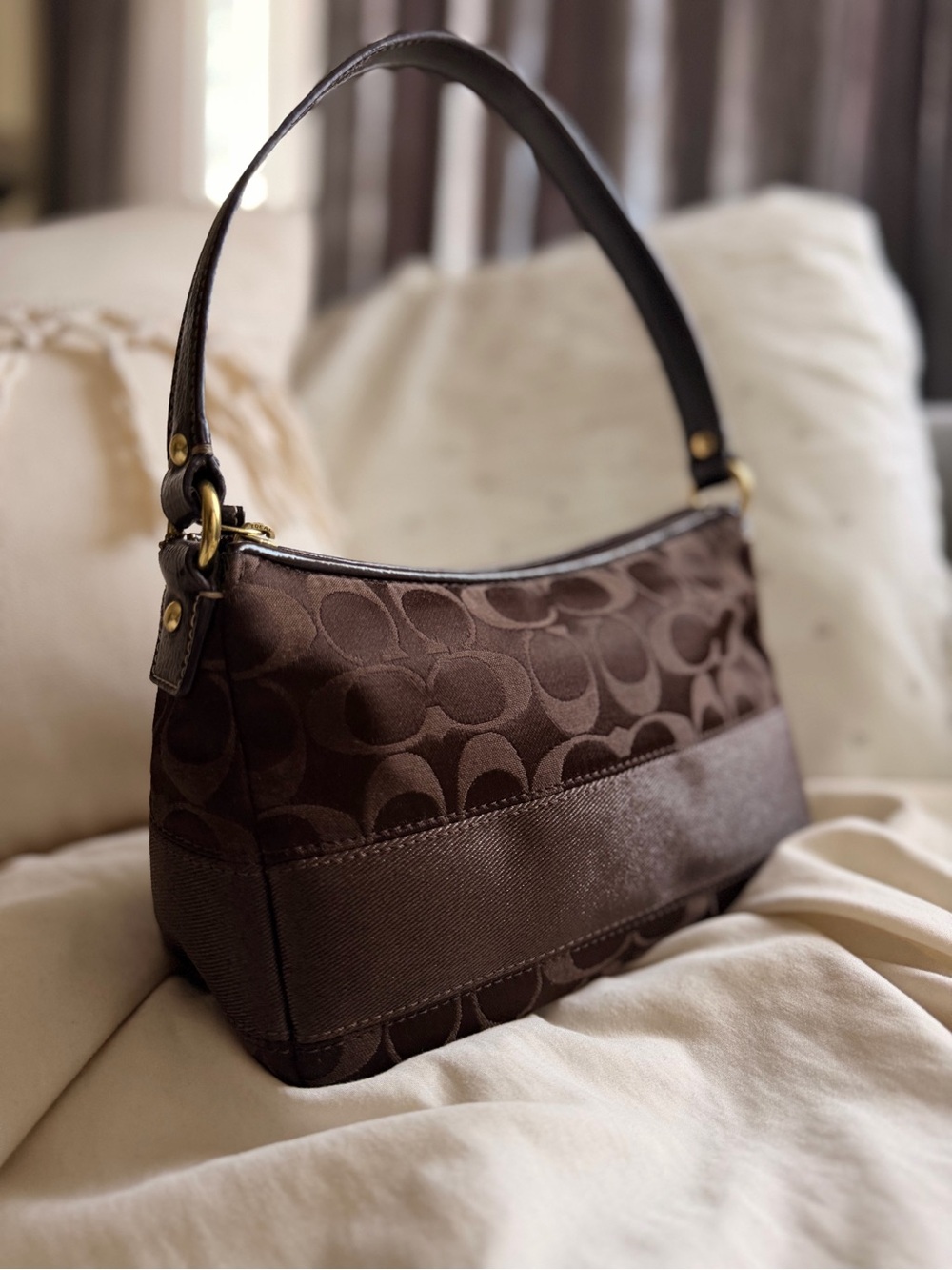 Coach Chocolate Brown Signature Jacquard Shoulder Baguette Bag - Picture 2 of 8